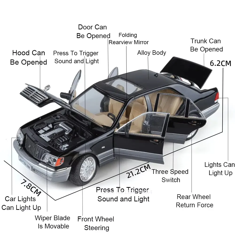 1:24 300SL W140 alliage modèle jouets moulé sous pression voiture avec son lumière retirer portes ouvertes modèles miniatures classique jouet cadeaux pour les garçons
