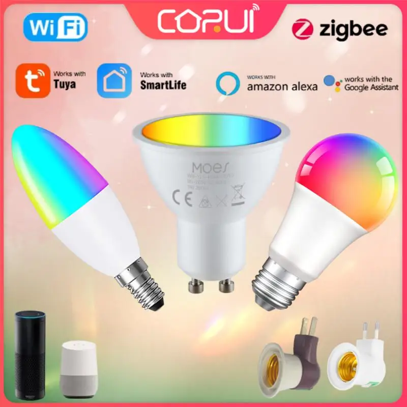 CORUI Tuya WiFi ZigBee Smart Dimmable Magic Bulb E14 E14 GU10 RGBCW LED Bulb For Smart Life APP Alexa Google Home Yandex Alice