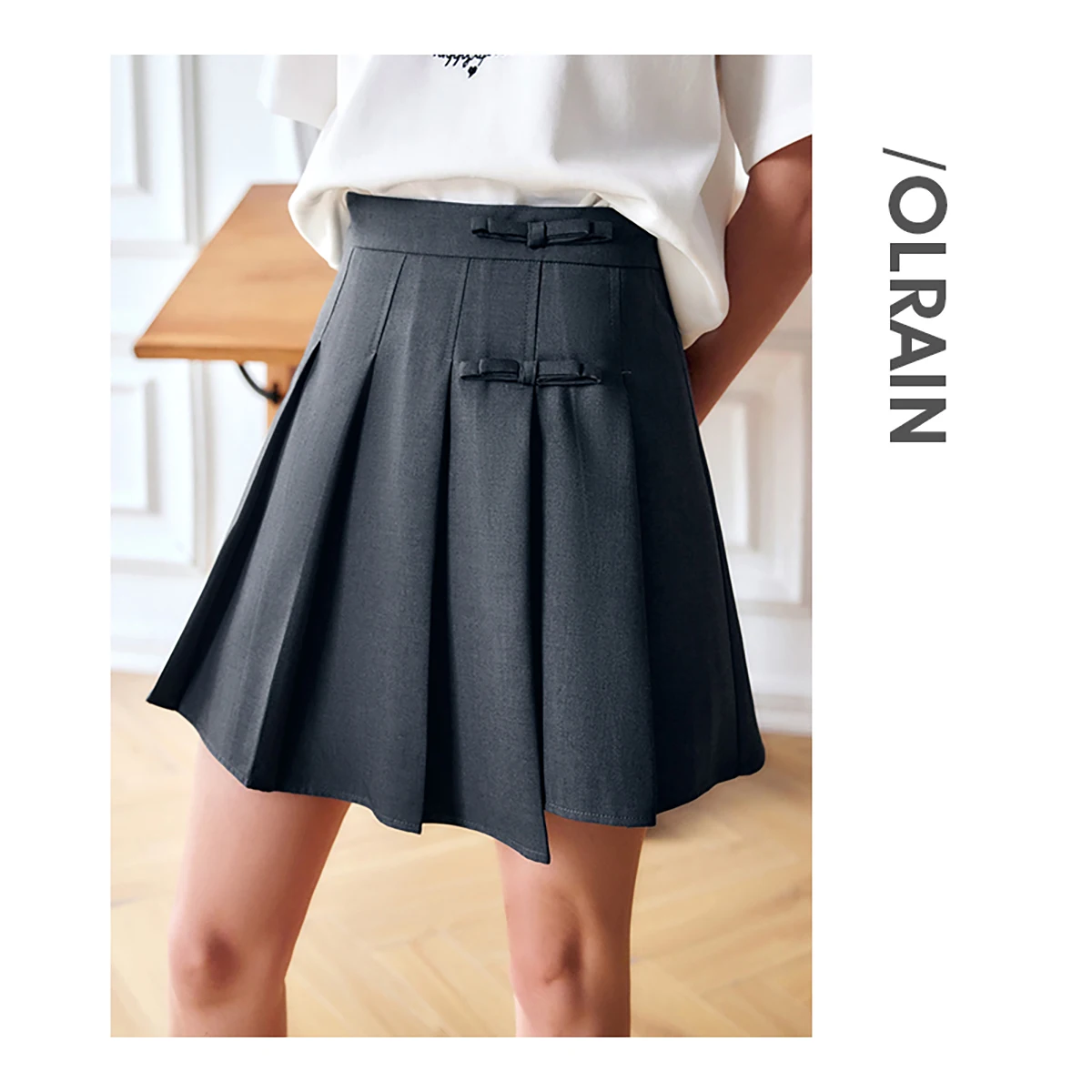 OLrain Women Layered Skirt French Style Grey Ashion Pleated Skirt 2026 Summer High Waist Age Reduction Academy Skirts O22XB01132