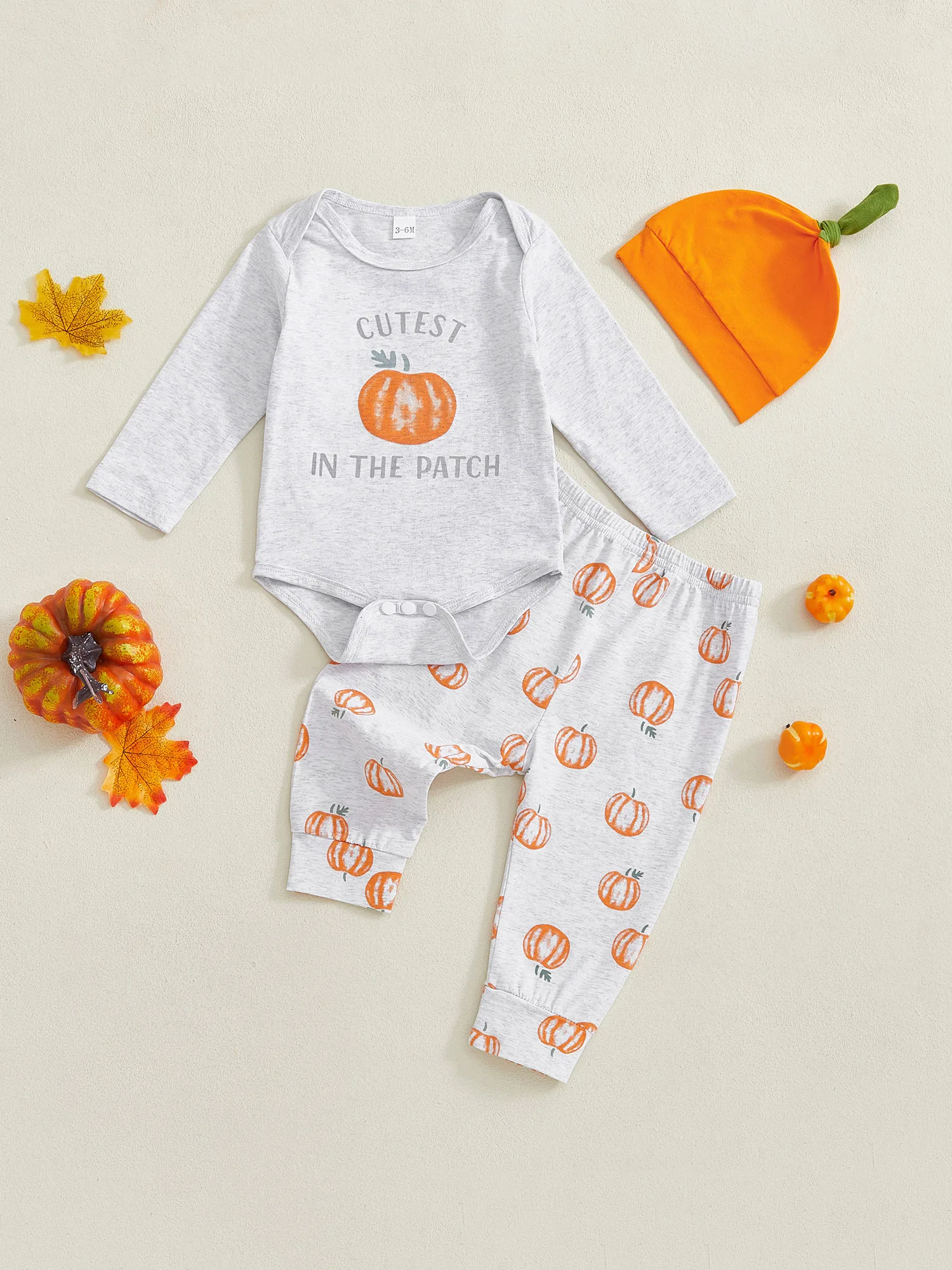 

Cute Baby Outfit Adorable Long Sleeve Bodysuit with Pumpkin Print Leggings and Matching Hat for Halloween Fun