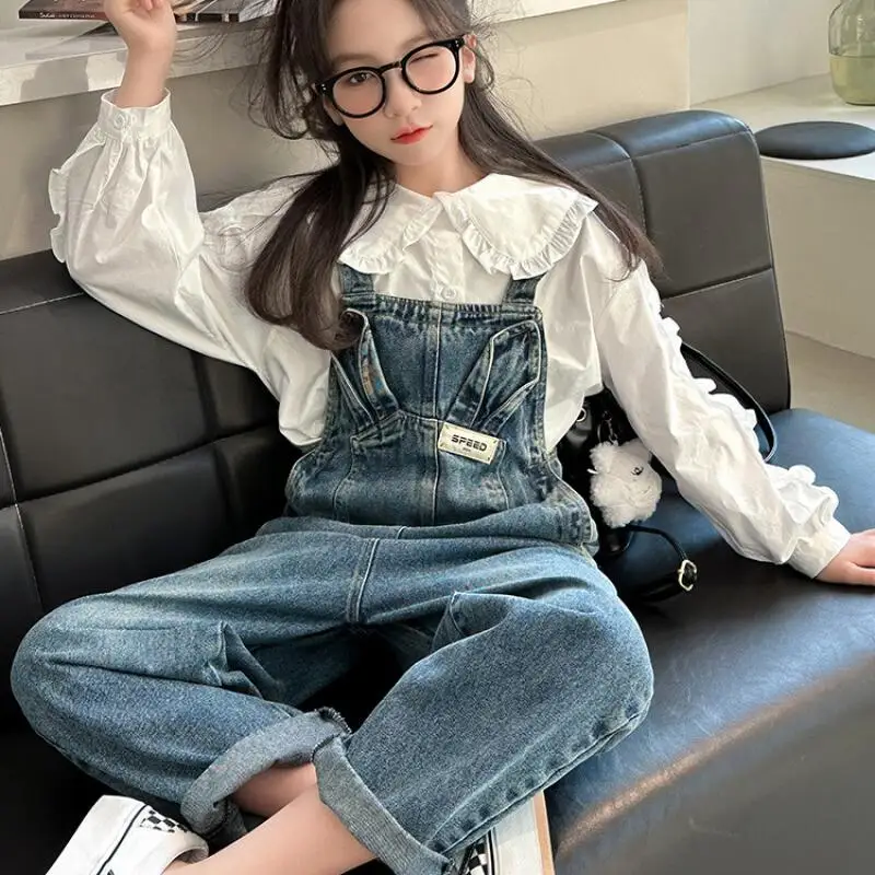 

Kawaii модная рубашка для девочек, брюки на бретелях, комплект из 2 предметов, студенческий осенний повседневный топ с длинными рукавами и героями мультфильмов, джинсовый комплект, детская одежда