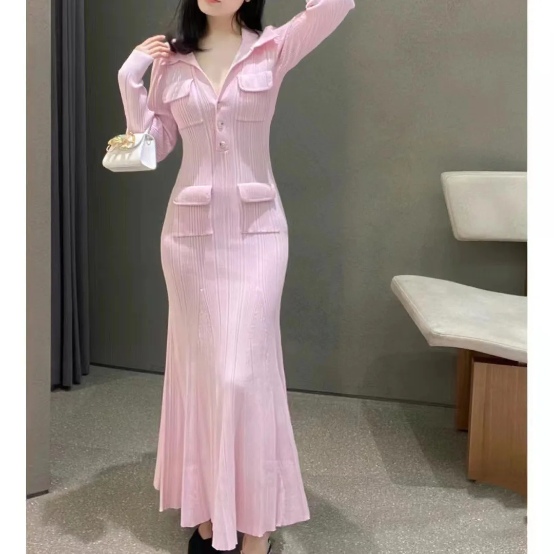 

Women's Long Dresses Turn Down Collar Buttons Solid Slim Spring New Ladies Elegant Knitted Turmpet Robe