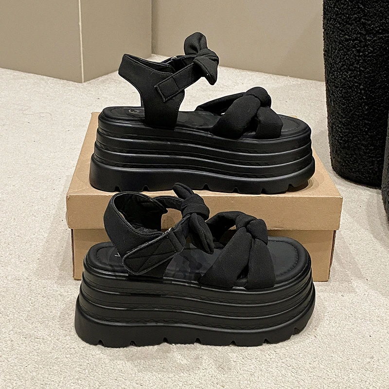 

Сандалии на высокой платформе 8 см, женские новые летние дышащие туфли на высоком каблуке, женские кроссовки с узлом-бабочкой, массивные тапочки на танкетке, сандалии