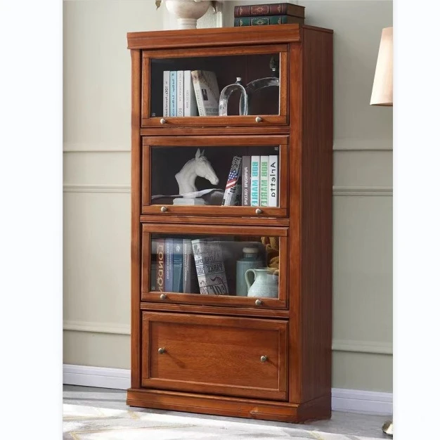 Dustproof solid wood bookshelf storage combination glass door floor integration