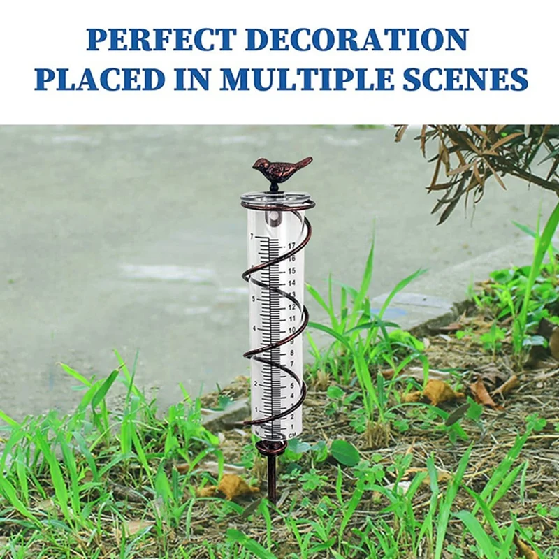 7L Capacity Glass Spiral Rain Gauge,Cast Iron Bird Hanging Rain Gauge,Garden Rain Water Meter Measuring With Metal Frame