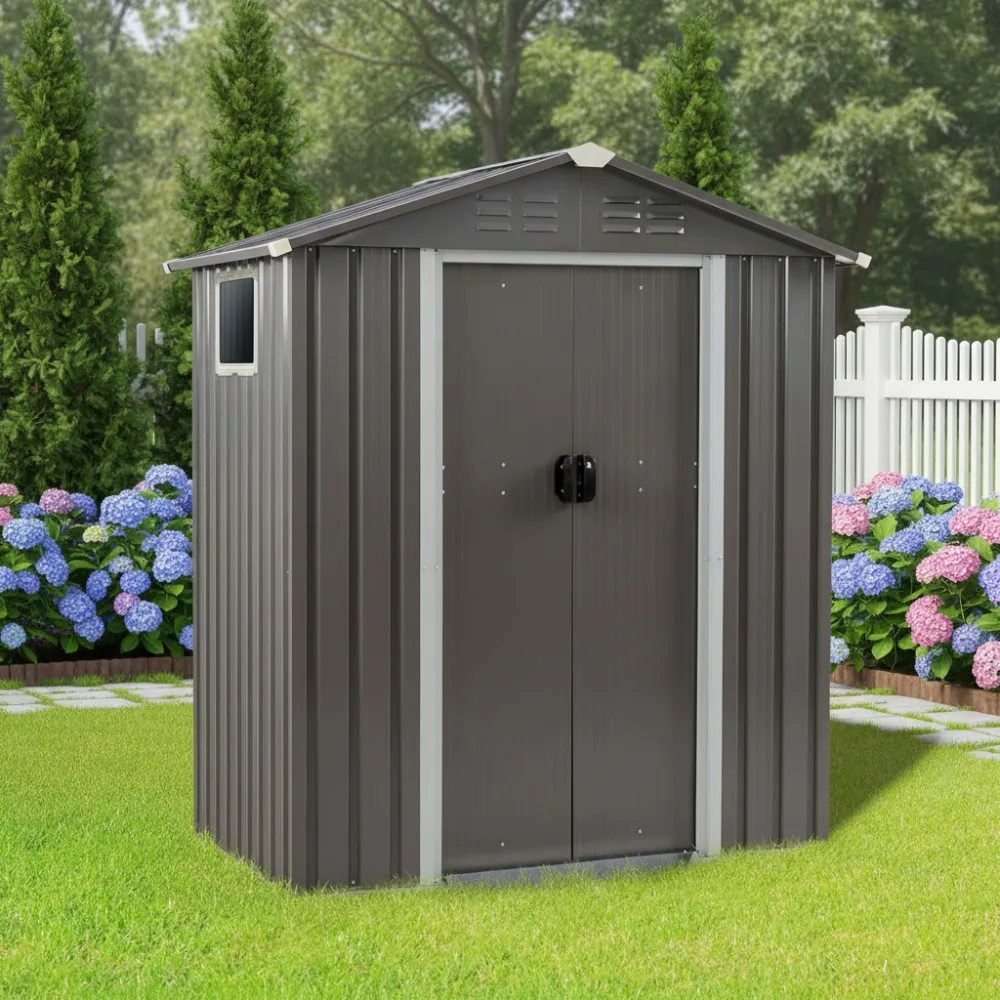 سقيفة تخزين معدنية خارجية مقاس 5 × 3 × 6 أقدام مع نافذة وباب قابل للقفل، سقيفة أدوات حديقة مقاومة للماء للفناء الخلفي #1