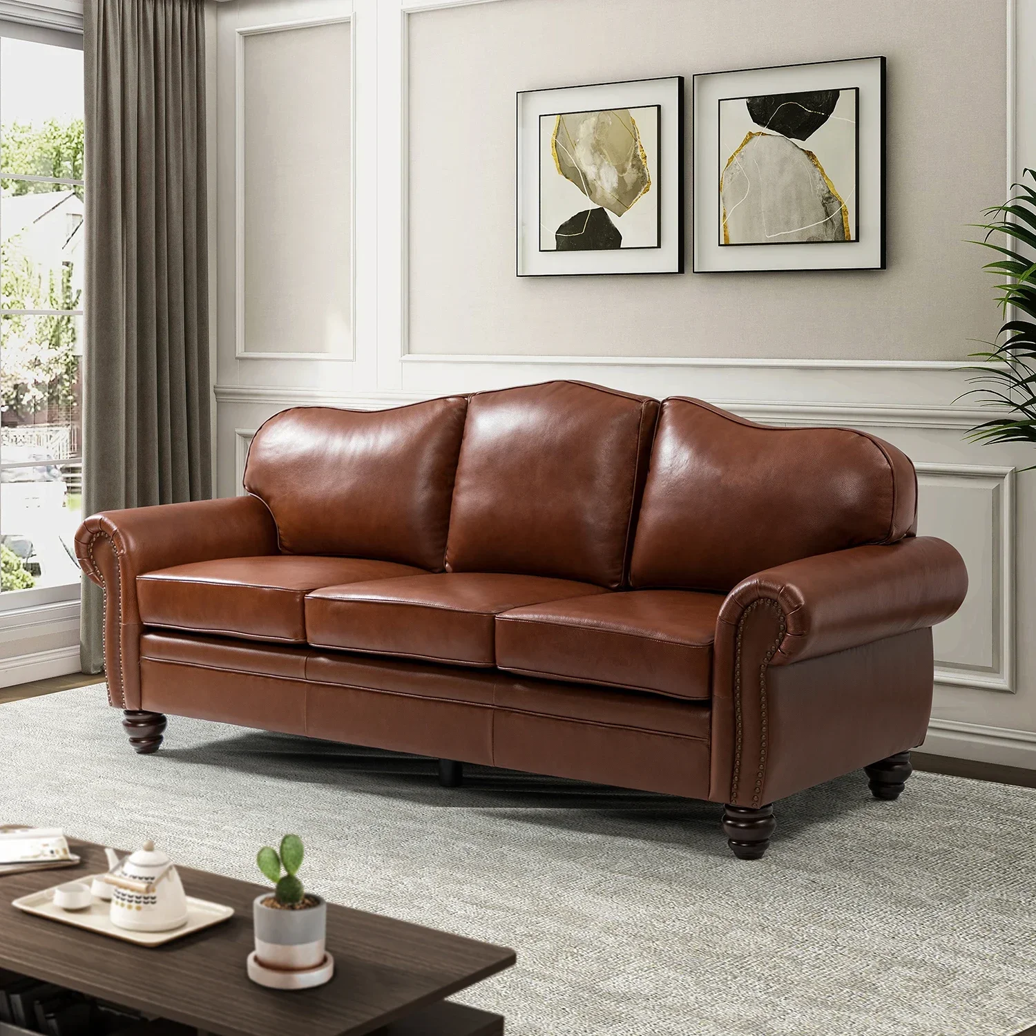 3 Seater Genuine Leather Sofa Couch with Rolled Arms and Nailhead for Living Room