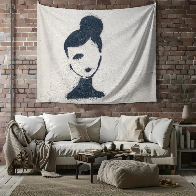 Abstract Black and White Woman Portrait on Textured Wall Tapestry Machine Washable All Season Decor Home Elevate Your Space