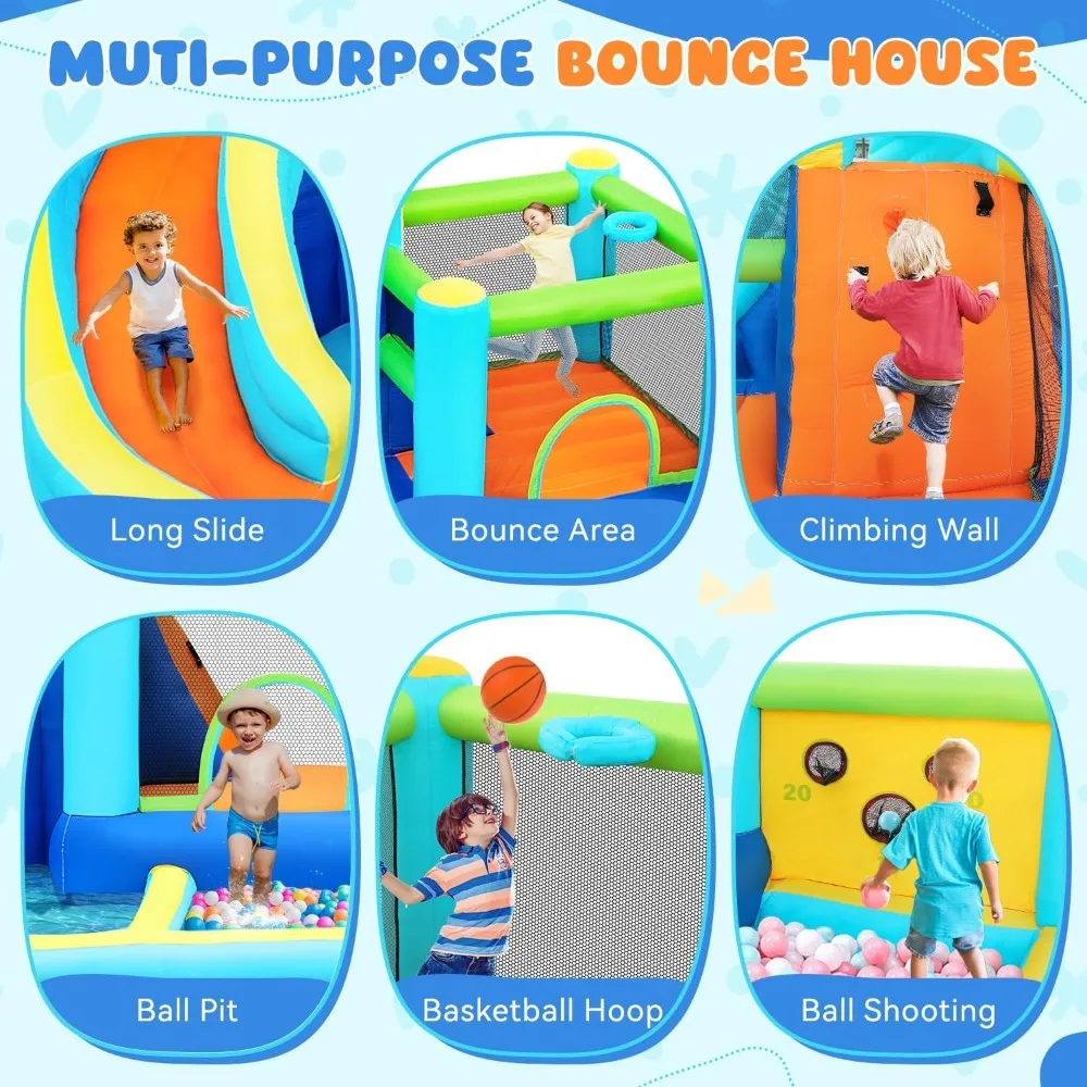 Inflatable Bounce House, Water Slide Park Slide Bouncer with Ball Shooting, Climbing Wall