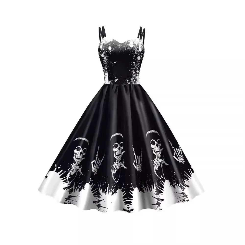 2024 Halloween Cosplay dark Black Rose Skull Dress Women Costume Sleeveless Vintage Party Dresses Skull Witch Scary Clothings