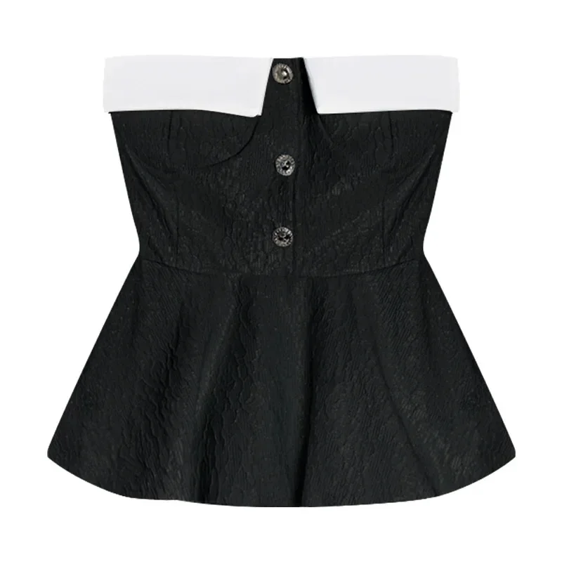 Korean Chic Contrast Color Vest For Women Cuffs Off Shoulder Slash Neck Tube Top Ruffled Patchwork Slim Waist A-line Camis Tank