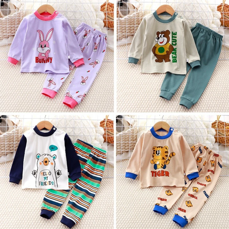 New Children's Autumn Outfit Set Long Sleeved Long Pants Two-piece Cotton Boy Dinosaur Sleepwear Girl Bear Rabbit Home Clothes