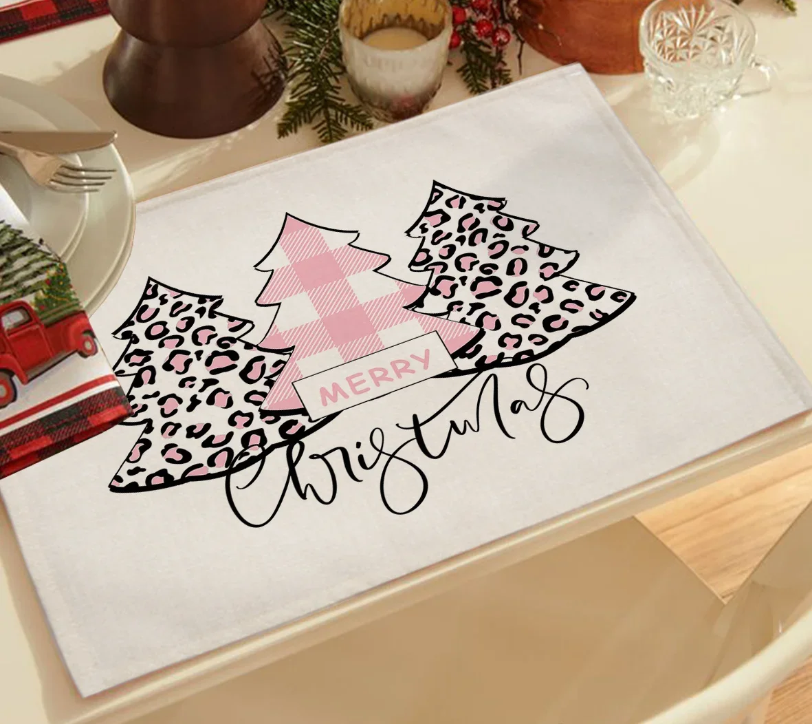 Pink Christmas Tree Decorations Placemat Cute Kawaii Coaster Coffee Cup New Year Home Linen Mat Xmas Holiday Decor 45X32CM