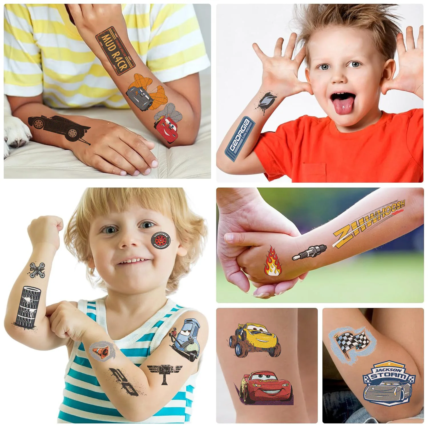 10 pièces dessin animé voitures tatouage autocollants Cool foudre McQueen tatouages temporaires autocollant Pack drôle enfants cadeau jouet Stiker