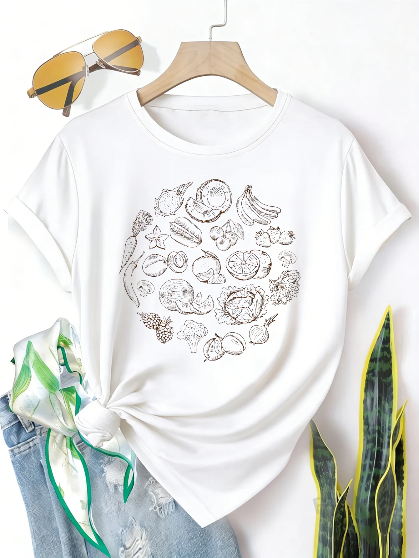 

Plus size women's short sleeve T-shirt Fruit Vegetable Sketch Circle Design soft and comfortable fabric summer outfits women's