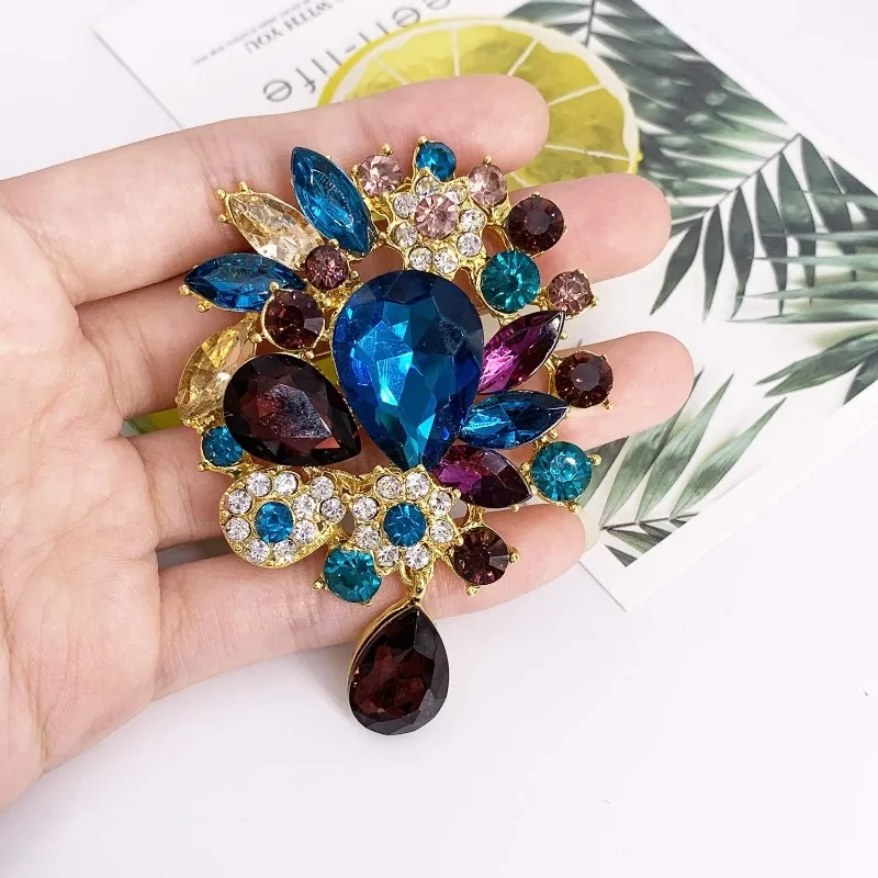 Vintage Wedding Bridal Big Blue Crystal Rhinestone Tear Drop Brooch Pin for Women Mom Grandma Girls Chrismtas Thanksgiving Gifts