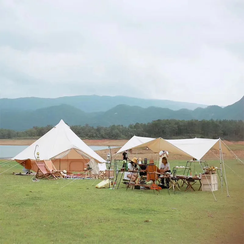 Outdoor Double Layer Canopy Tent 12-20 Square Meters Cotton Canvas UV-Proof 3000mm Waterproof Summer Use Picnic Camping Shade