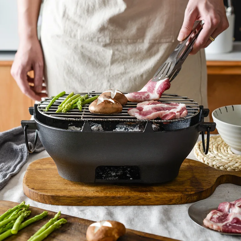 Cast Iron Grill Oval Grill Tray Charcoal Household Outdoor Portable Multifunctional Grill Durable