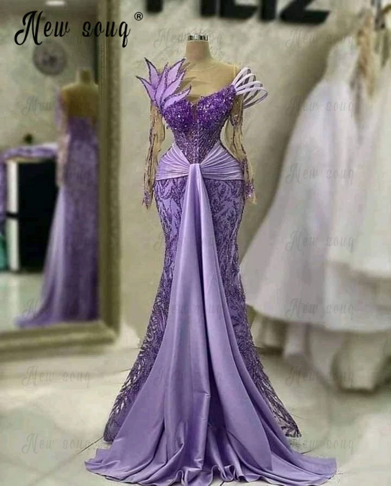 Stunning Lilac Arabic Muslim Women Party Dress Leaf Design Wedding Night Gowns Luxury Celebrity Gown Evening Dress Vestidos De