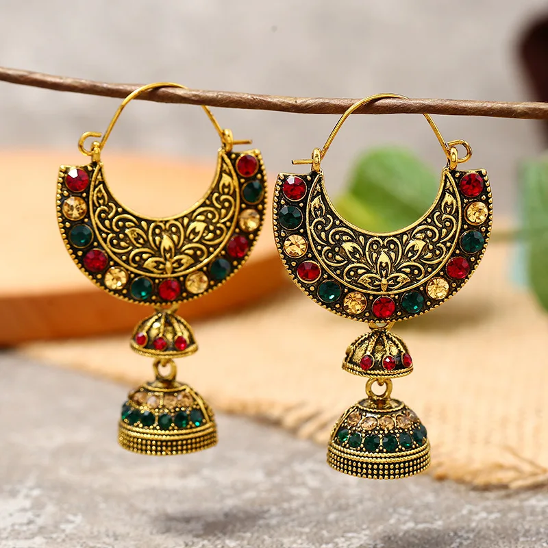 Ethnic Antique Metal Colorful Zircon Drop Earrings for Women Vintage Egypt Earrings Gold Plated Bells Dangle Statement Jewelry