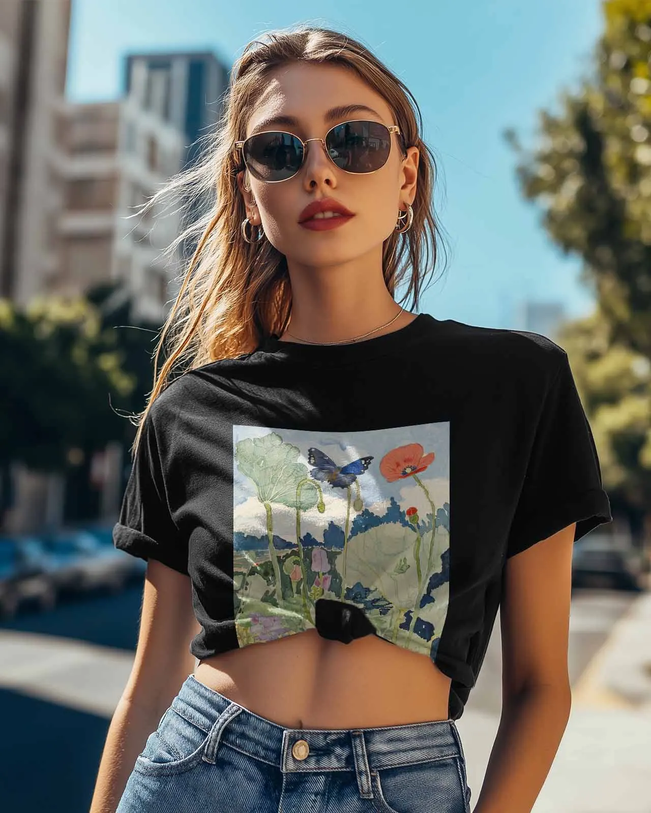 Watercolor Butterfly Poppy T-Shirt Lover Gift Sweatshirt Fitness T-shirt Short Sleeve O-neck Clothing Tops