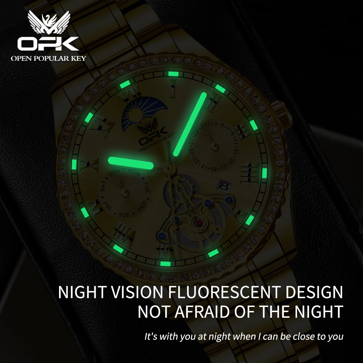 OPK brand luminous waterproof diamond-encrusted steel band men's quartz watch 8147