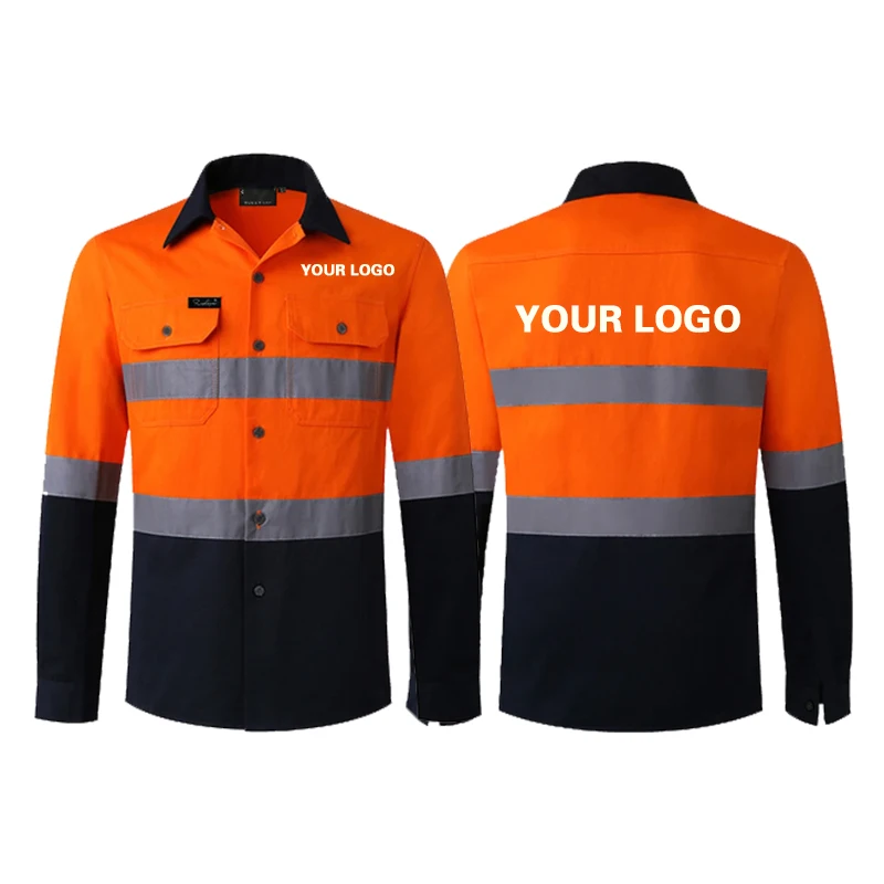 Custom LOGO Reflective Hi Vis Shirt for Men Long Sleeve Cotton Work Shirt Pockets Safety Reflective Working Shirt Workwear