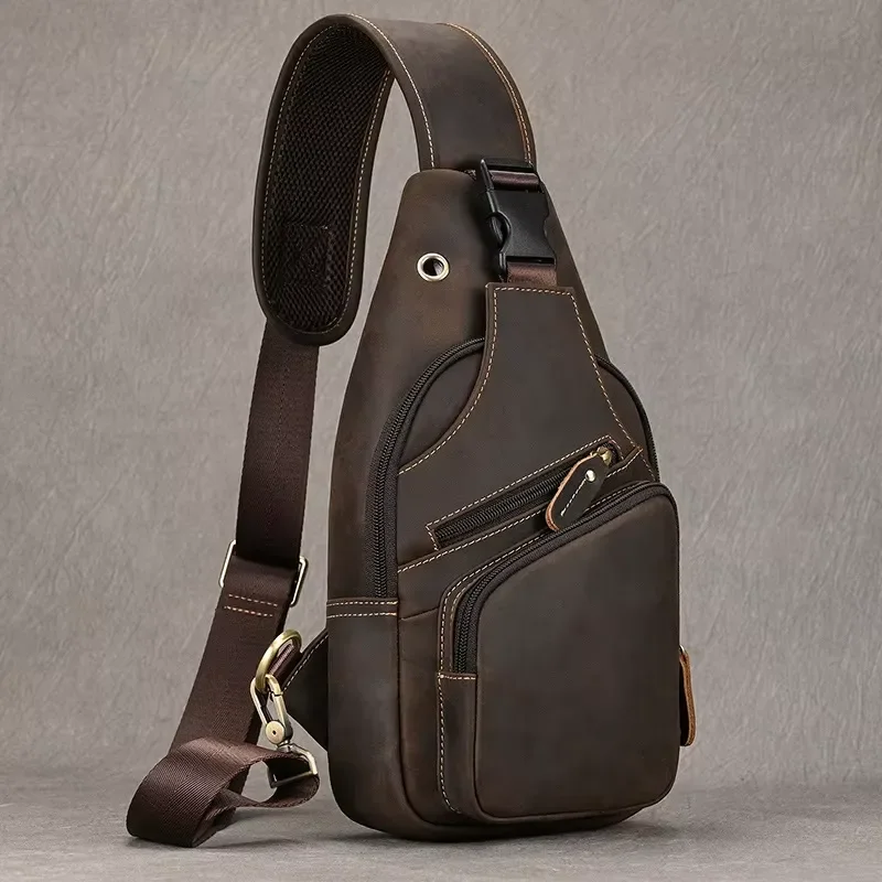 Crazy Horse Leather Fashion Men's Casual Retro Crossbody Breast Bag Waterproof Zipper Buckle Closed Storage Design Commuter