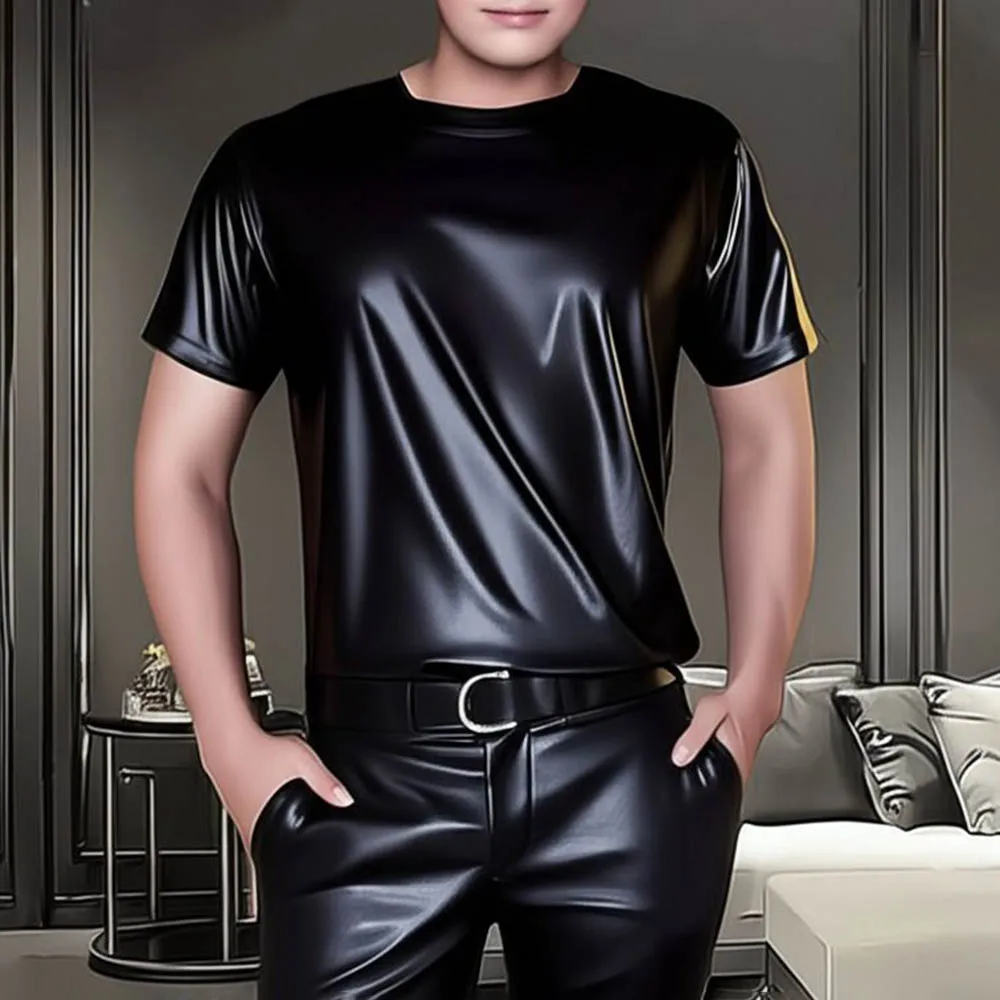 Men's Solid Color Shiny Short-Sleeved T-Shirt American Retro Fashion Trend High Street Loose Casual Breathable Niche Men's Tops