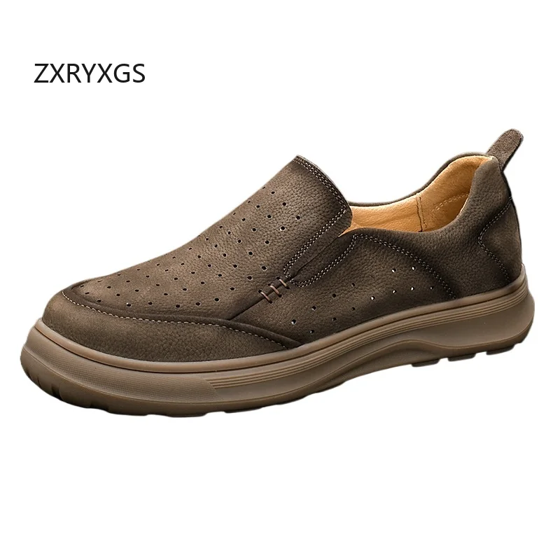 ZXRYXGS 2025 Top Cowhide Hollow Full Genuine Leather Breathable Shoes Casual Sneakers Flat Soft Comfortable Men Trendy Shoes