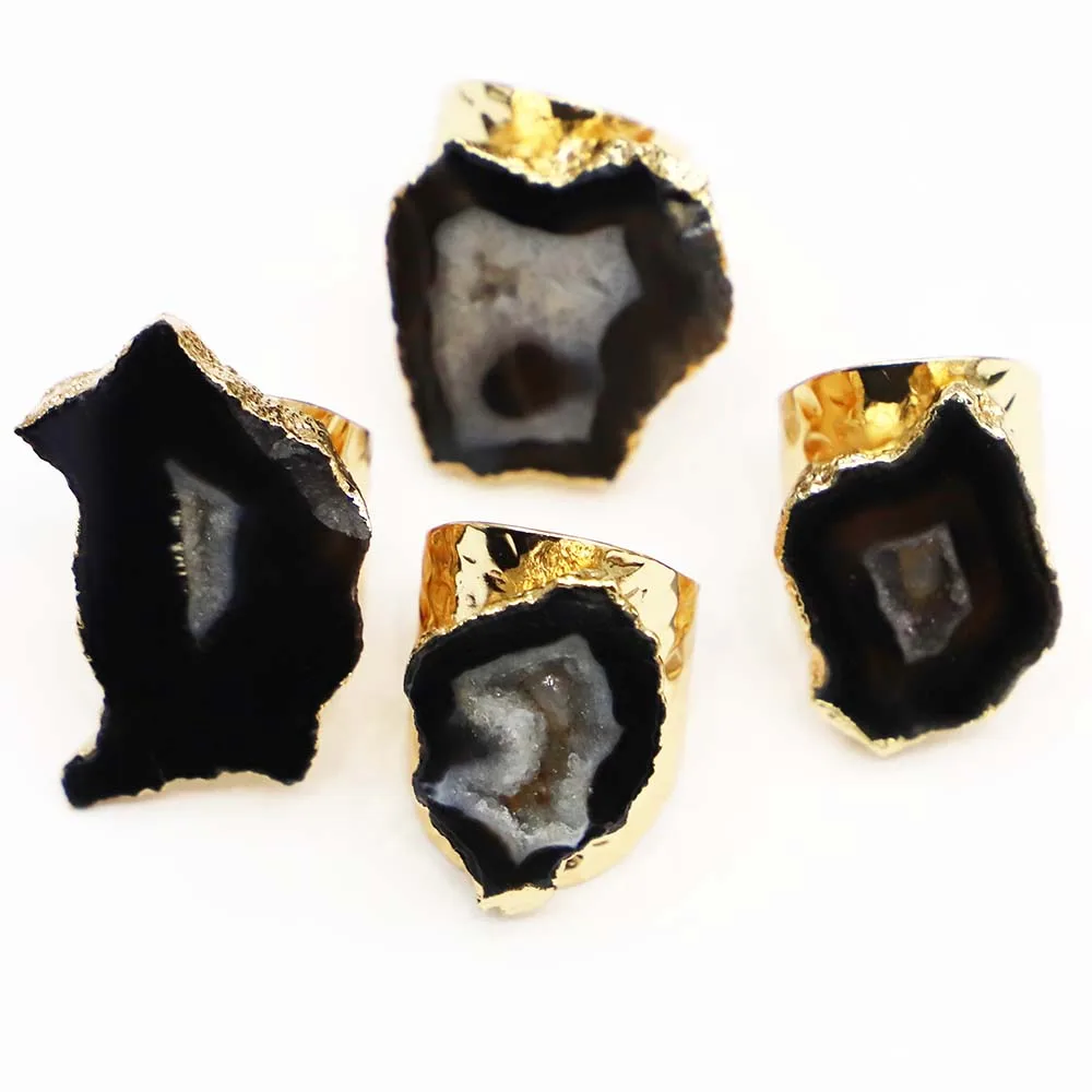 Natural Black Agate Geode Rings Raw Stone Slice Gilded Edge Opening Adjustable Crystal Irregular Jewelry 3Pcs/Lot Free Shipping