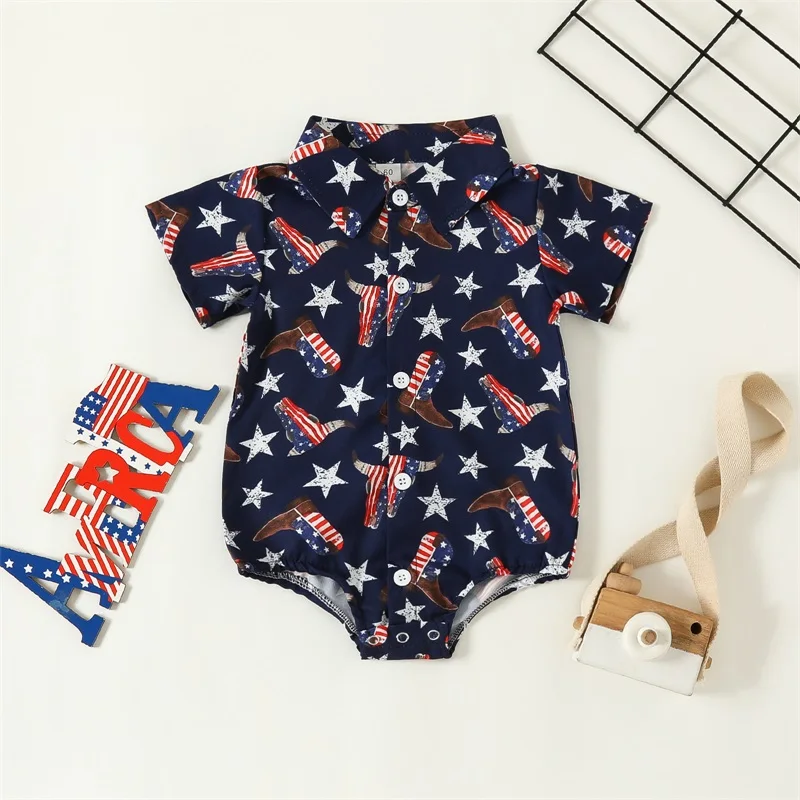 Newborn Baby Boy 4th Of July Outfit Infant Independence Day Short Sleeve Button Down Lapel Collar Stars Romper