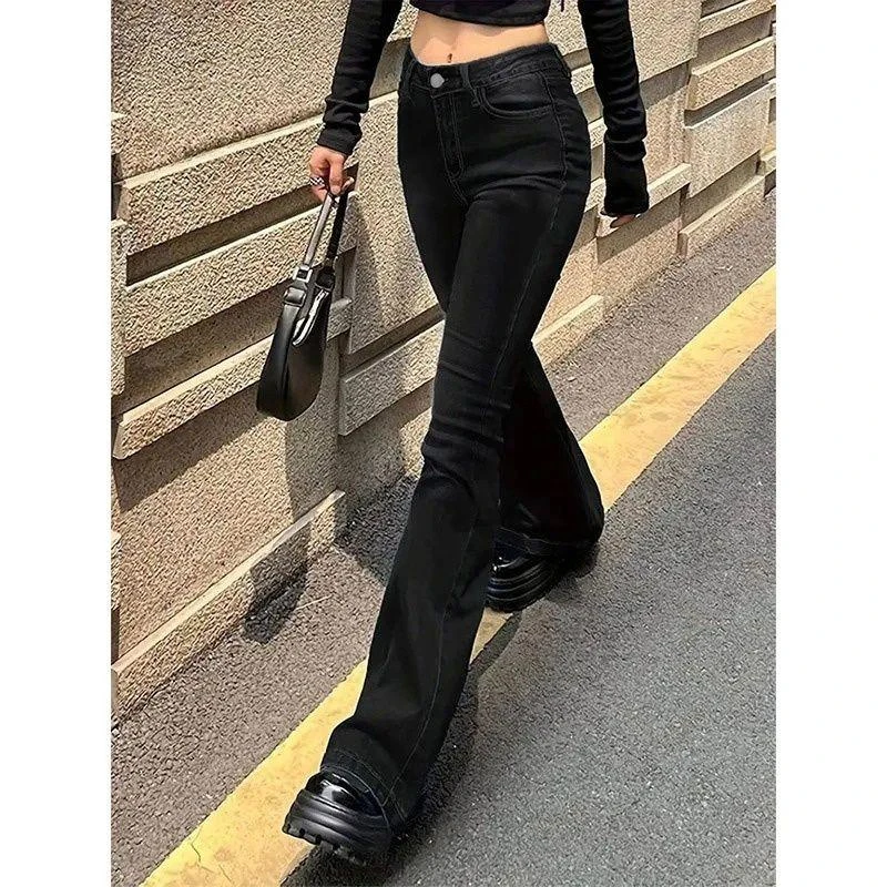 Classic Solid Lady High Waist Bell Bottom Jeans Girls Ins Fashion Thin Denim Pants Female Casual Straight Leg Trousers