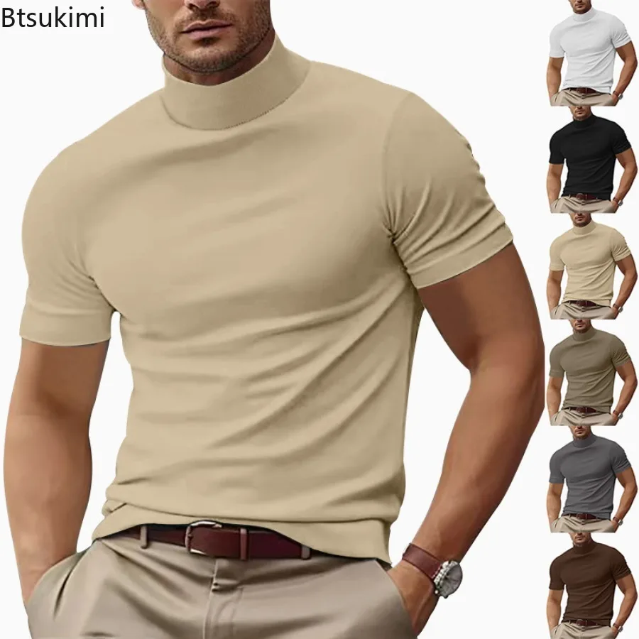 

New Men's Solid Color Casual T-shirt Summer Fashion Half High Neck Simple Slim Bottoming Shirt Men Sweat Absorption Fitness Tops