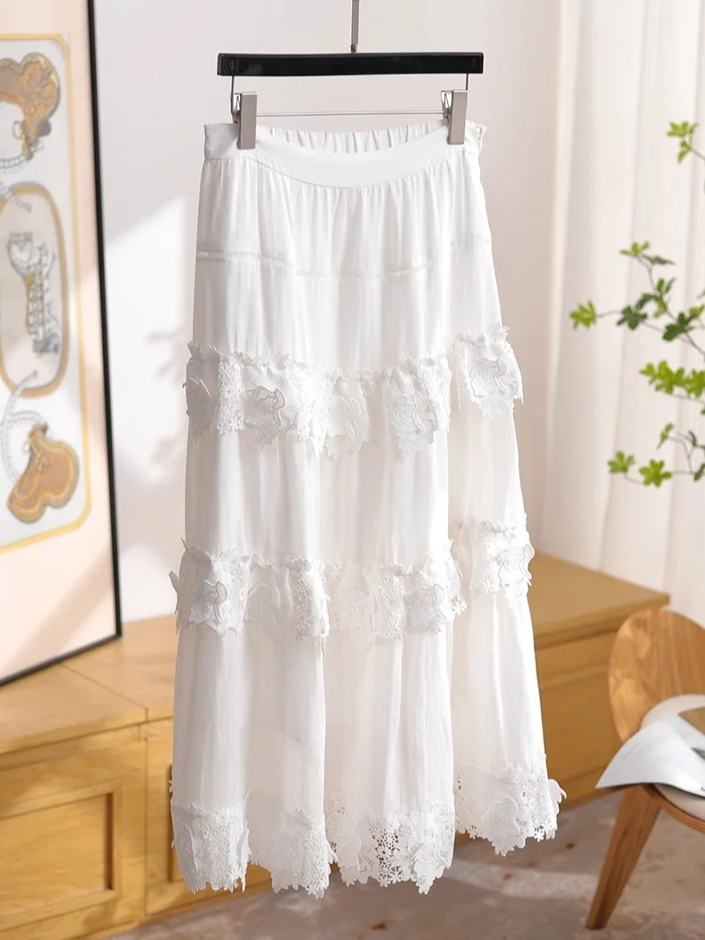 

Юбка миди А-силуэта с высокой талией, белая, с кружевной вышивкой и 3D-декором, асимметричная, на молнии, женская, средней длины