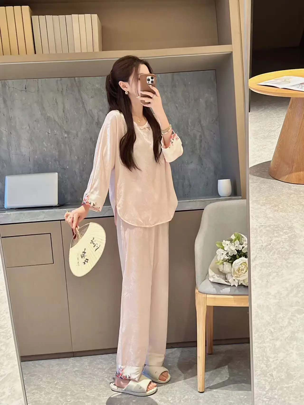 Luxurious Silk Satin Pajamas Set Women's Fashion Print Loose Feel Home Wear Sleepwear Long Sleeve Spring Autumn Nightwear Suit