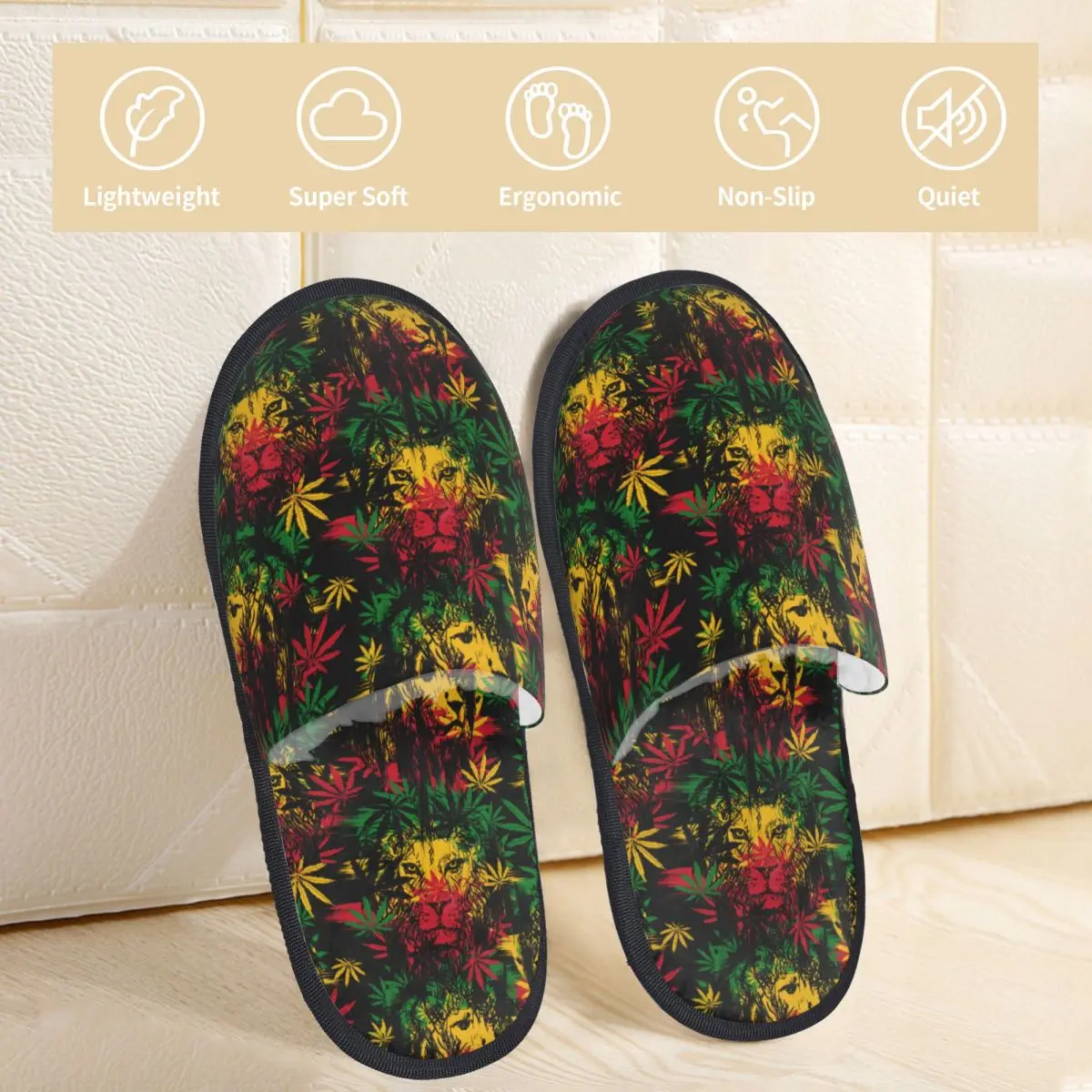 Rastafari Rasta Lion Cannabis Marijuana Leaves Plush Slippers Jamaica Reggae Rastaman Lion of Judah Memory Foam Cotton Slippers