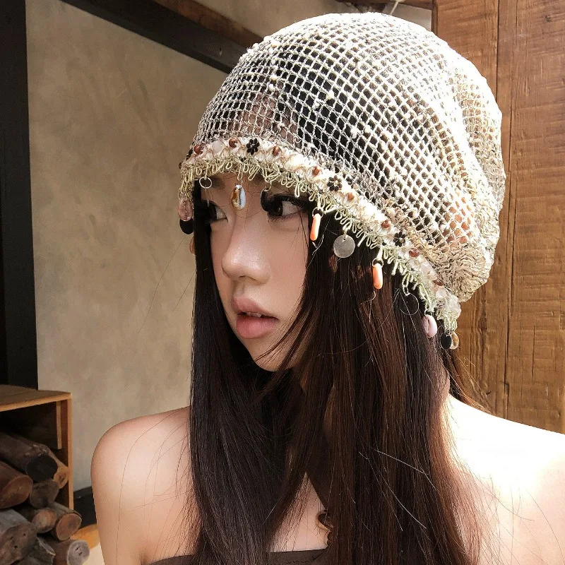 

New Bohemian Style Shell Pendant Design Hollow Pile Hat Women's Spring and Summer Thin Breathable Pullover Skull Beanie Caps