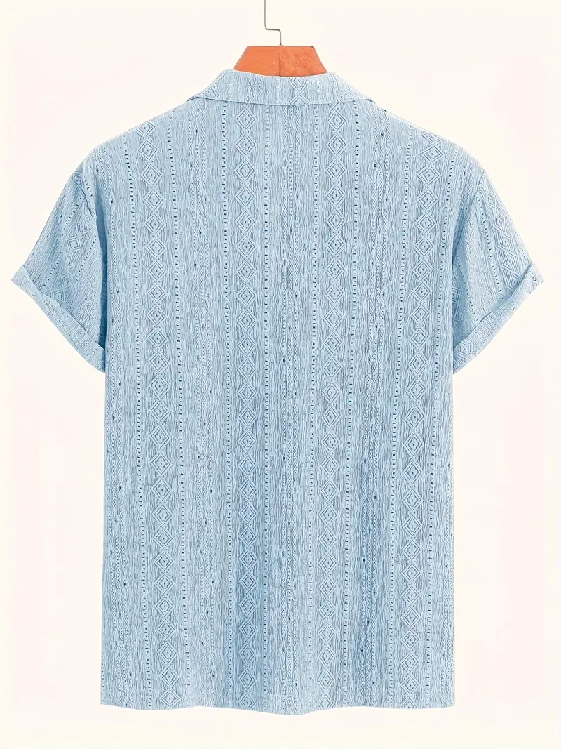 GELITAYIN Men's Knitted Shirt Hollow Embroidery Casual Short Sleeves Button Collar Outdoor Beach Clothes Summer Clothes Popular