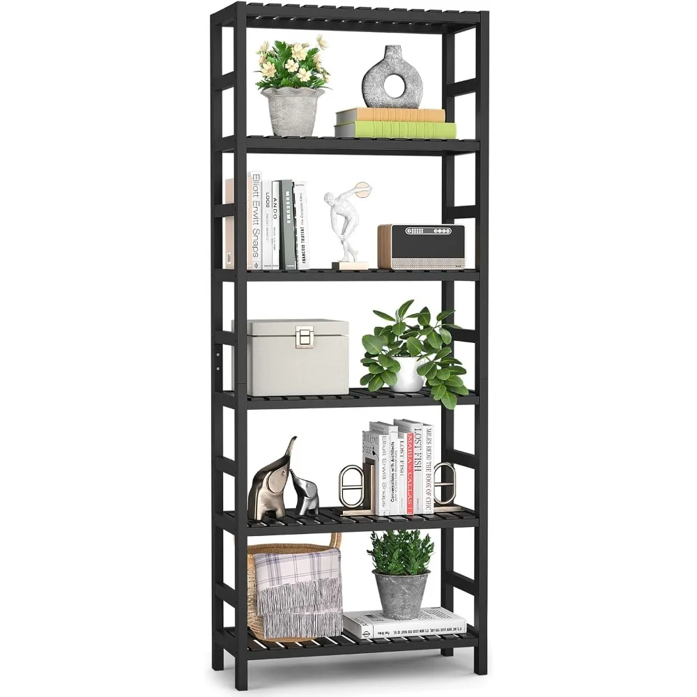 6-Tier Bamboo Bookshelf, Adjustable 63.4” Tall Bookcase Free Standing Book Shelf Organizer Storage Shelving Unit for Living Room