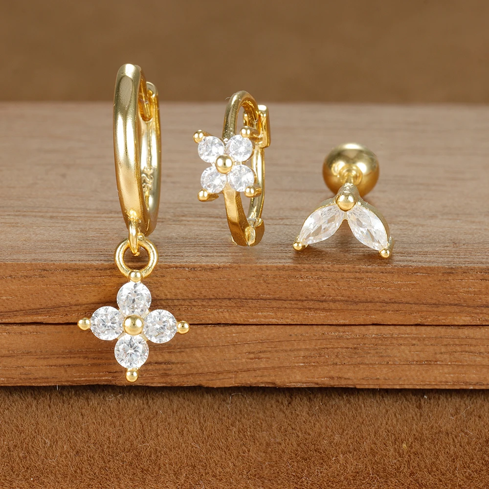 Vintage Gold Color Zircon Flower Pendant Hoop Earrings Set for Women Stainless Steel Fashion Huggies Piercing Jewelry aretes