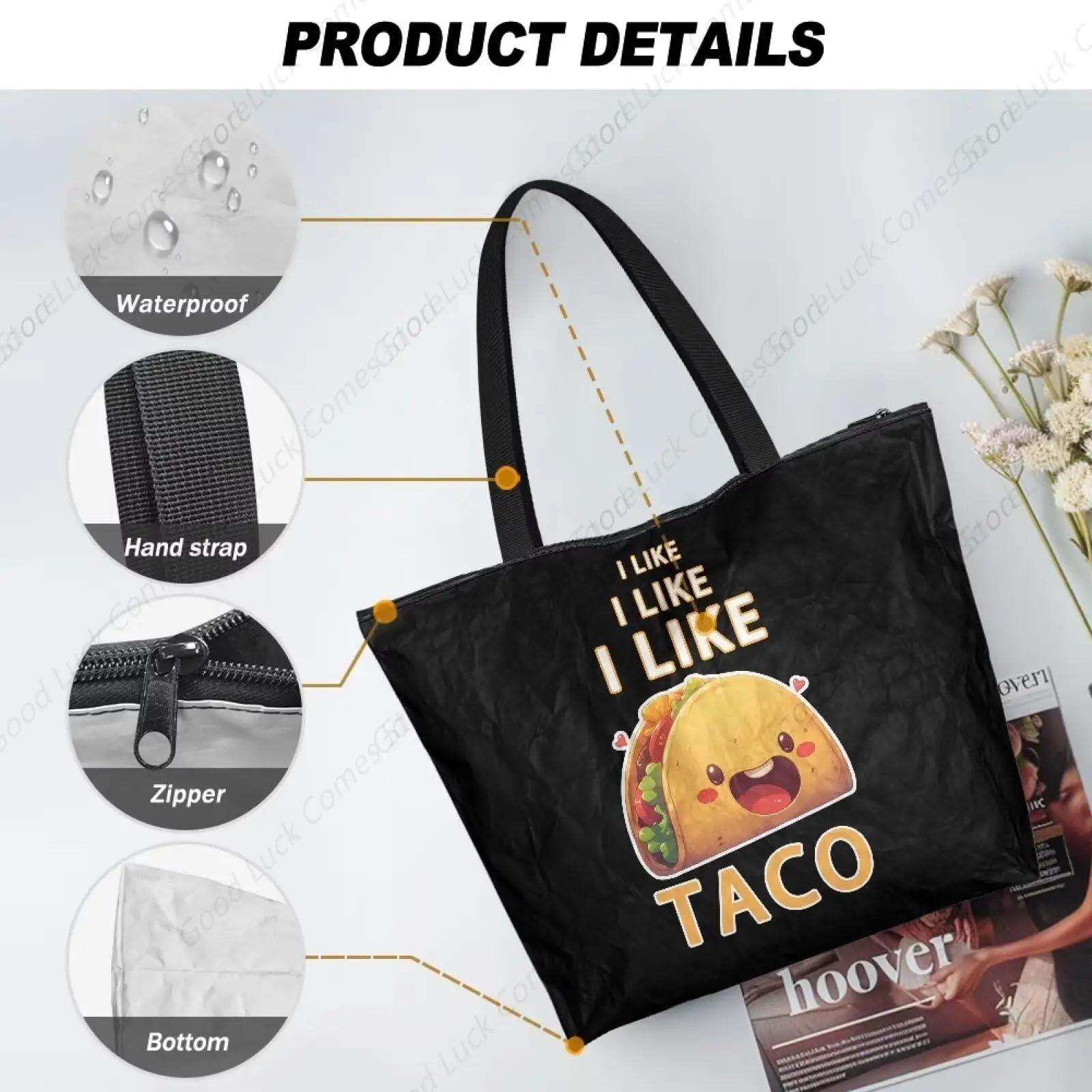Like Taco Print Reusable Totes Bags for Women, Mexico Food Taco Printed Zipper Strong Natural Bag for Groceries, Gym, Office