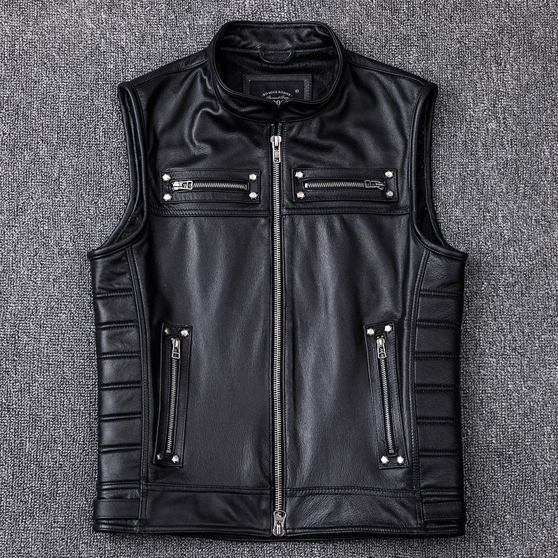 2021 New Genuine Cowhide Leather Vest Men's Motorcycle Biker Vests High Quality Stand Collar Sleeveless Jackets Zipper Waistcoat