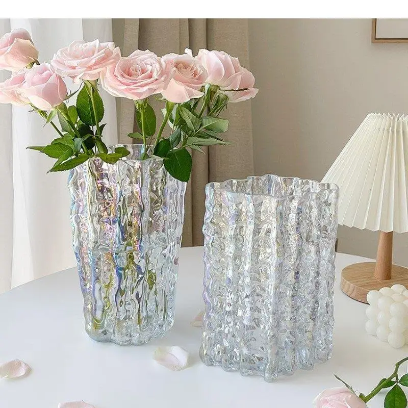 Transparent Glacier Wrinkle Glass Vase Hydroponics Flower Pots Desk Decoration Flowers Arrangement Floral Modern Home Decor