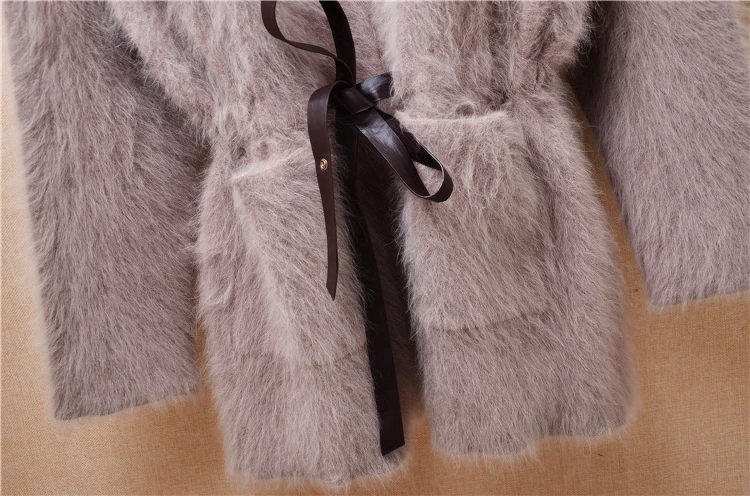 Female Women Autumn Winter Clothing Hairy Mink Cashmere Knitted Long Sleeves Belt Loose Cardigans Angora Fur Jacket Sweater Pull