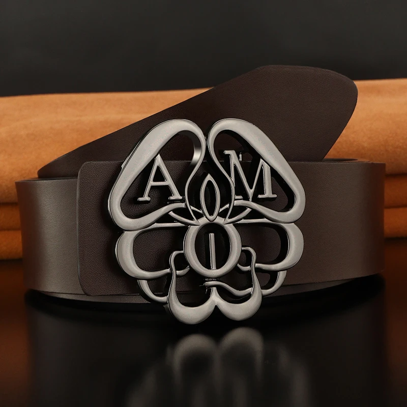 Designer Personality Hollow Slide Buckle Belts High Quality Men Fashion Luxury Brand 3.8 Wide Leather Black Casual Ceinture Homm