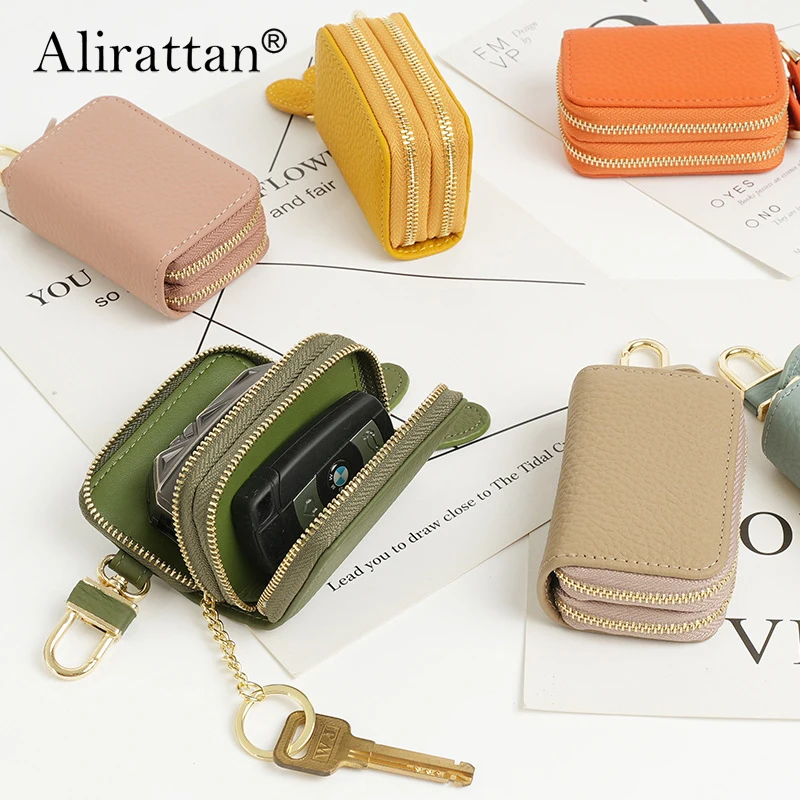 

Alirattan 2025 New Car Leather Keybag Women's Universal Multifunctional Cowhide Bag Portable Double Zipper Keychain Bag