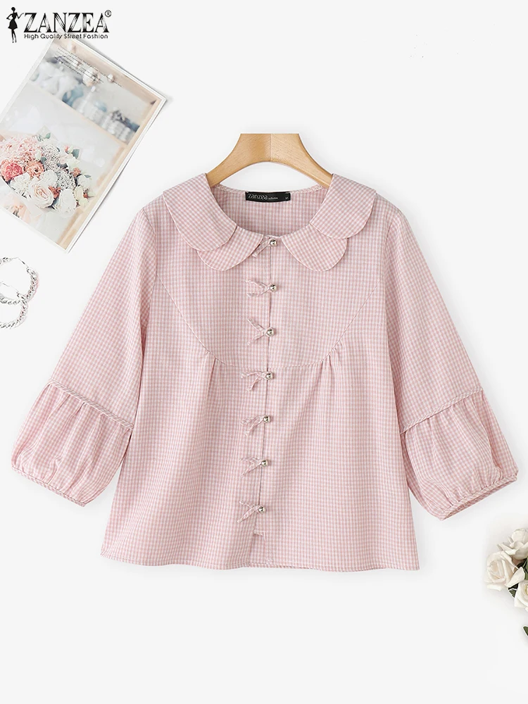 

ZANZEA, женские топы, винтажные клетчатые рубашки с принтом, 2025 г., повседневная туника с лацканами и рукавами 3/4, свободные летние топы с бантом и пуговицами, большие размеры