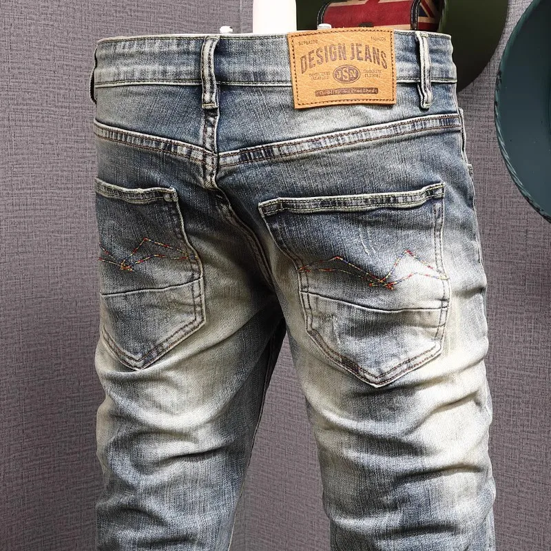 Streetwear Fashion Men Jeans Retro Washed Elastic Slim Fit Ripped Jeans Men Trousers Vintage Designer Casual Denim Pants Hombre
