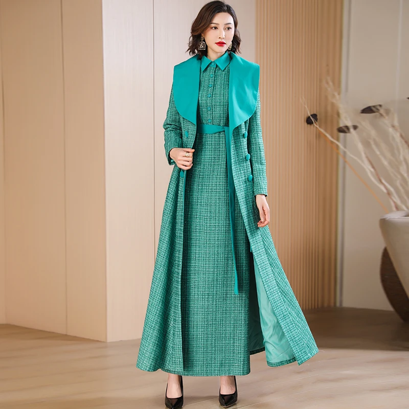 

New Trench Women Autumn Winter Coat Green Plaid X-Long Jacket Double Breasted Turn-down Collar Outwear Office Lady Skirt Hem
